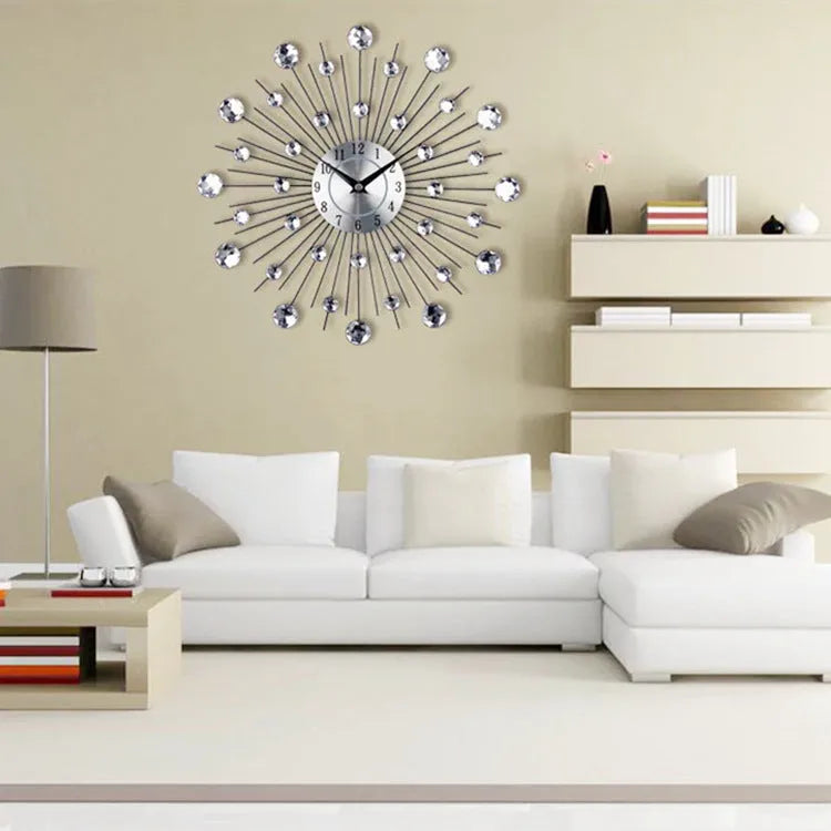 Silver round wall clock 33cm diameter with numbers and pointer display