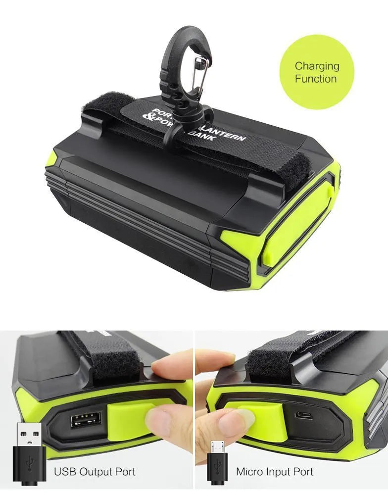 Green aluminium alloy rechargeable camping light with LED panel and power bank function