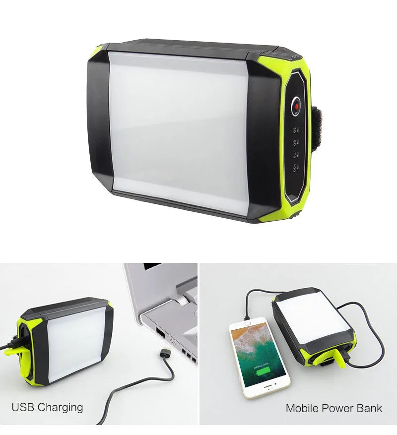 Green aluminium alloy rechargeable camping light with LED panel and power bank function