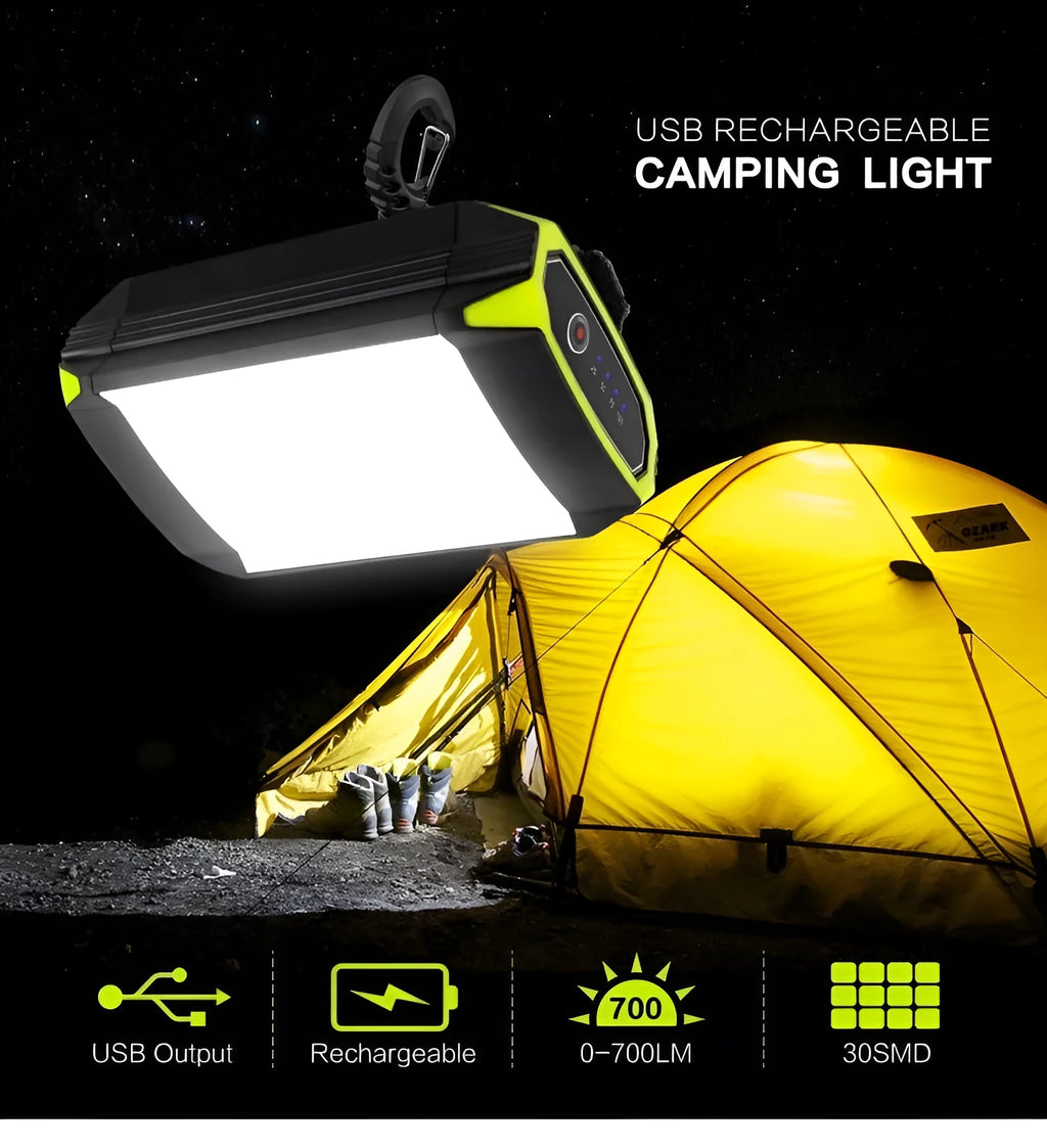 Green aluminium alloy rechargeable camping light with LED panel and power bank function