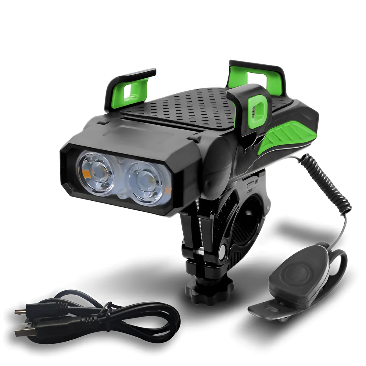 Rechargeable bicycle flashlight mounted on handlebars, showing black version with LED illuminated.