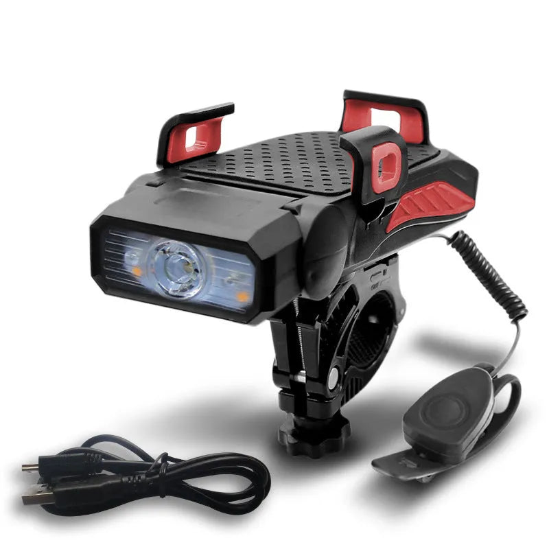 Rechargeable bicycle flashlight mounted on handlebars, showing black version with LED illuminated.