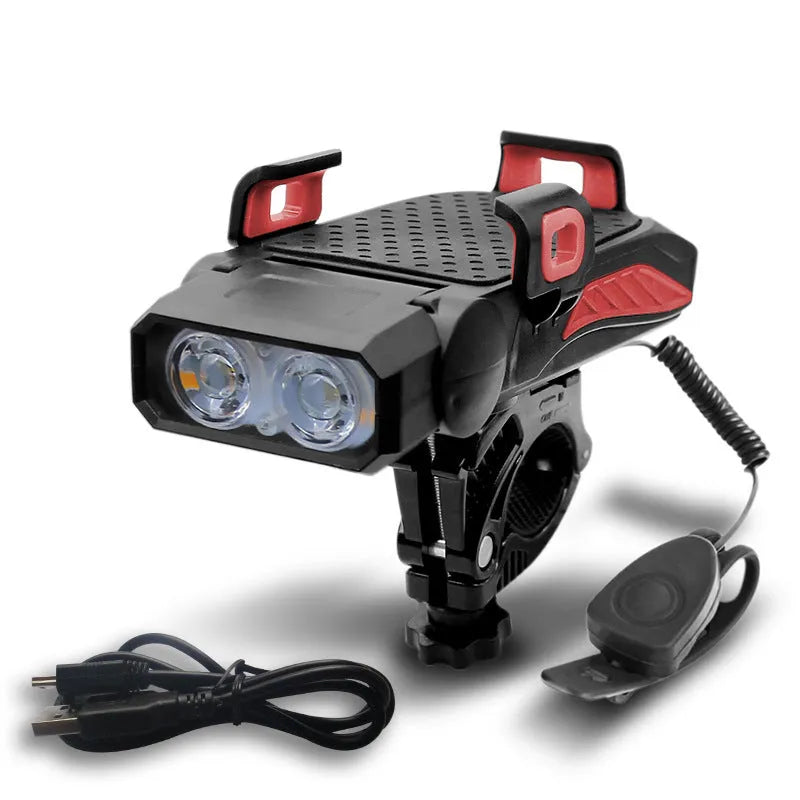 Rechargeable bicycle flashlight mounted on handlebars, showing black version with LED illuminated.