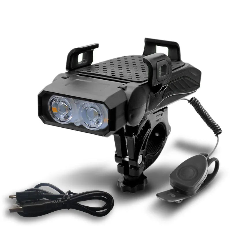 Rechargeable bicycle flashlight mounted on handlebars, showing black version with LED illuminated.