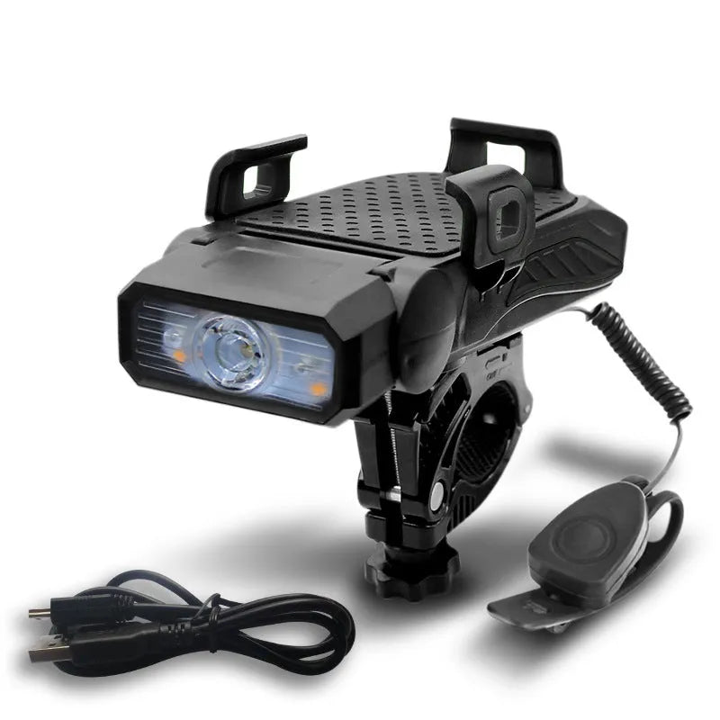 Rechargeable bicycle flashlight mounted on handlebars, showing black version with LED illuminated.