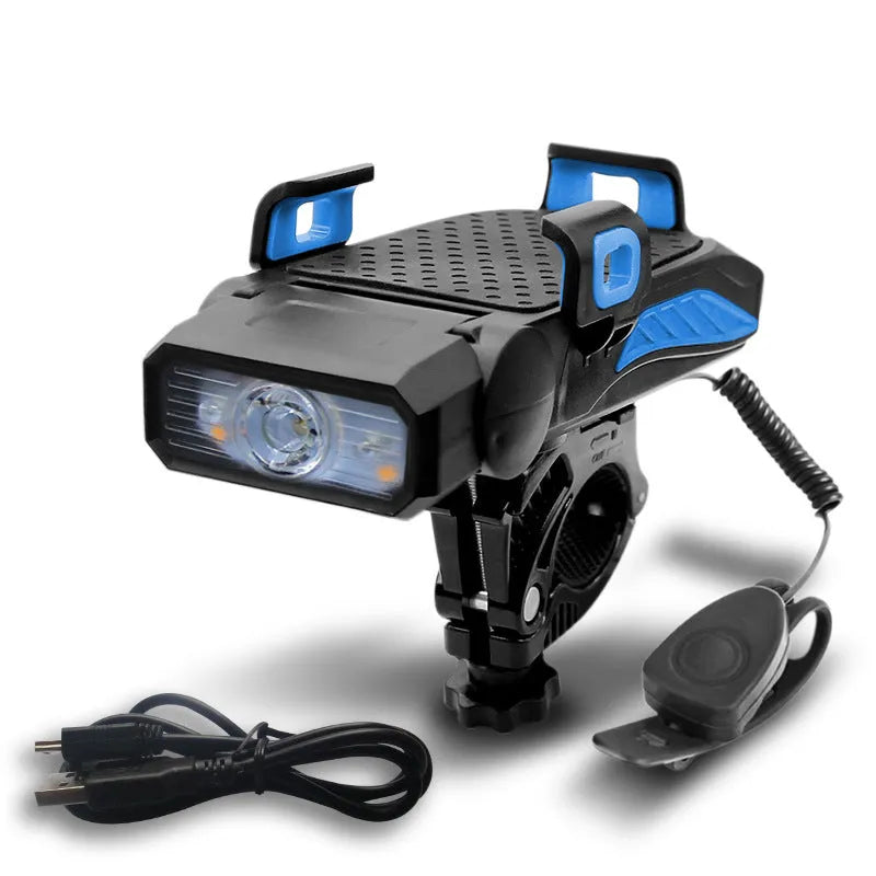 Rechargeable bicycle flashlight mounted on handlebars, showing black version with LED illuminated.
