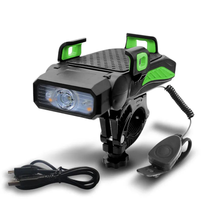 Rechargeable bicycle flashlight mounted on handlebars, showing black version with LED illuminated.