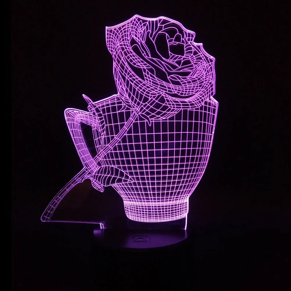 3D rose flower night light showing colour changing illumination with acrylic panel and ABS base