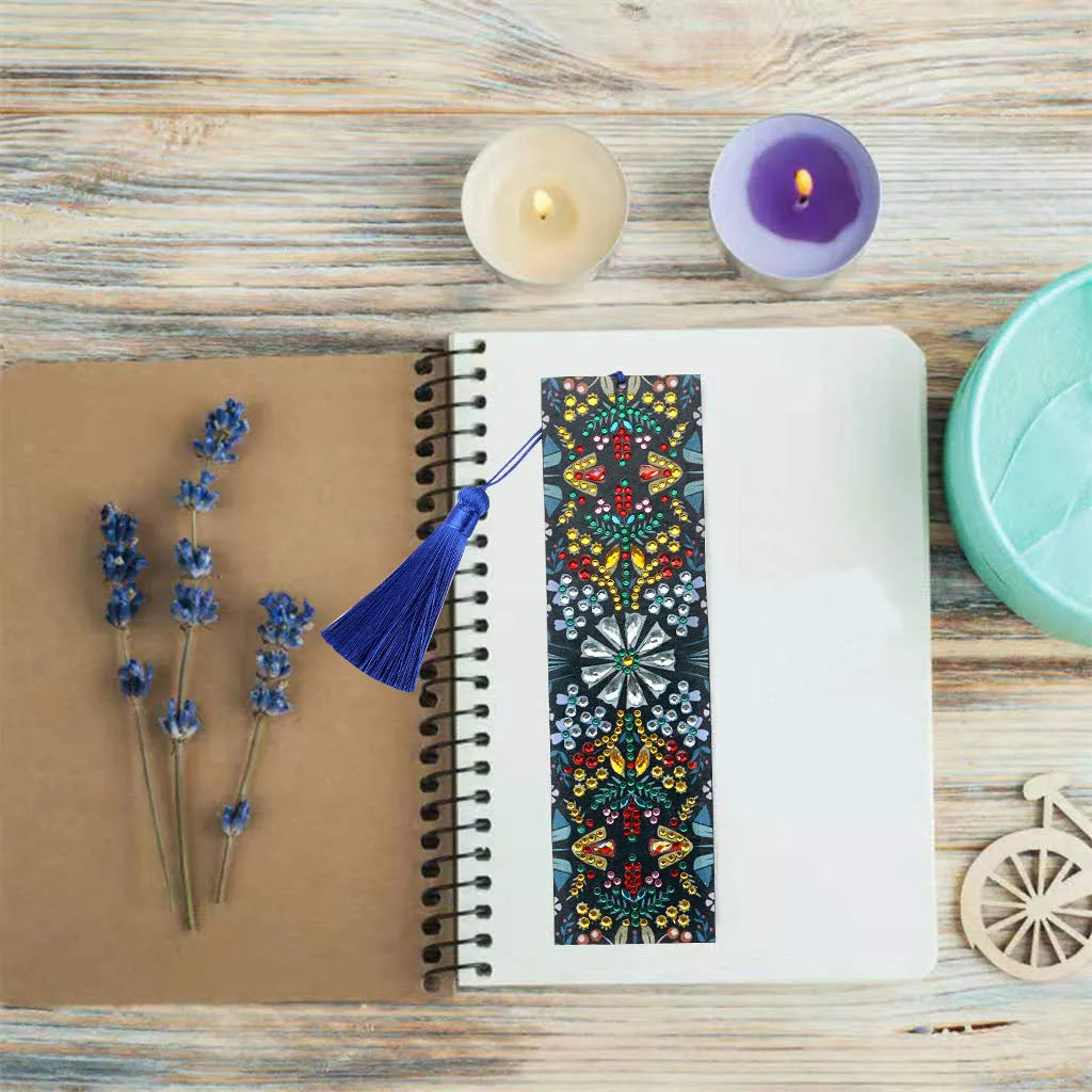 Leather diamond painting bookmark with mandala flower embroidery using special-shaped round diamonds