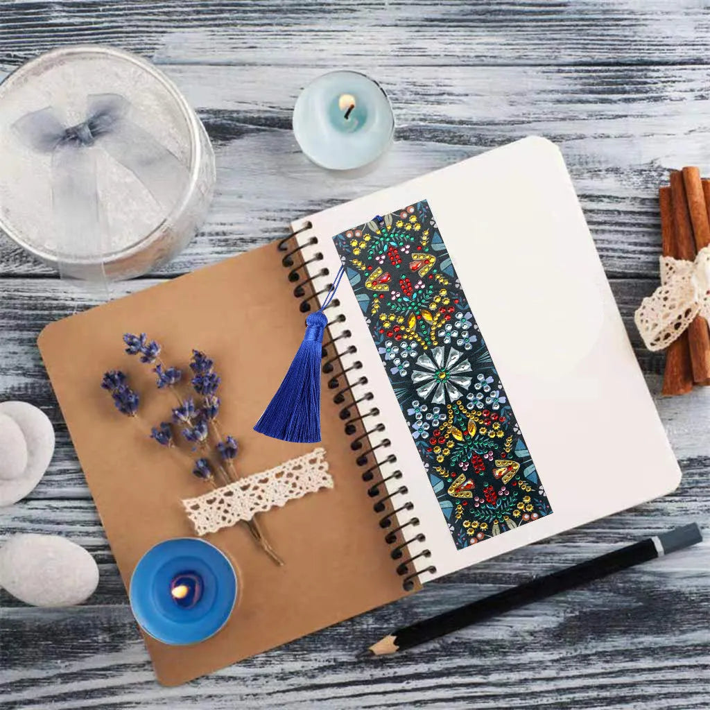 Leather diamond painting bookmark with mandala flower embroidery using special-shaped round diamonds