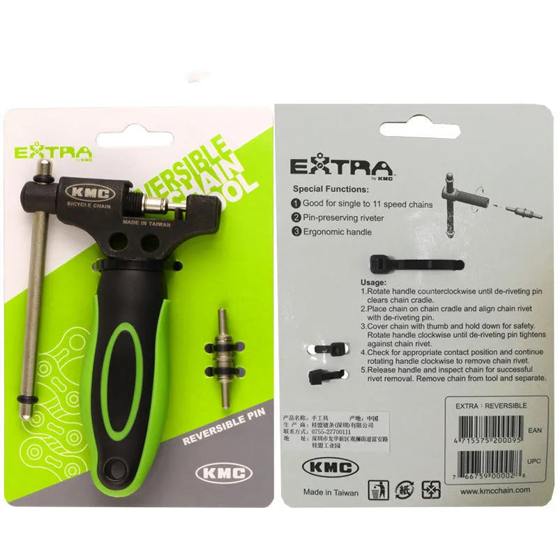 Green steel bicycle chain cutter tool with double shaft device and a separate chain driver.