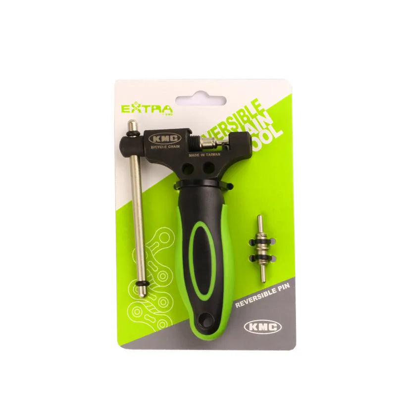 Green steel bicycle chain cutter tool with double shaft device and a separate chain driver.