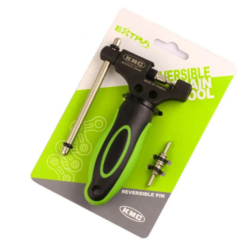 Green steel bicycle chain cutter tool with double shaft device and a separate chain driver.