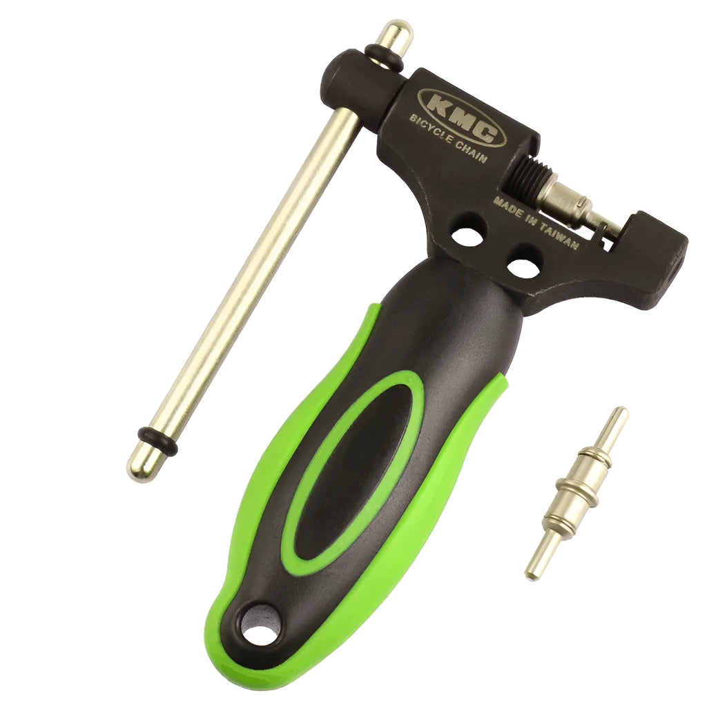 Green steel bicycle chain cutter tool with double shaft device and a separate chain driver.