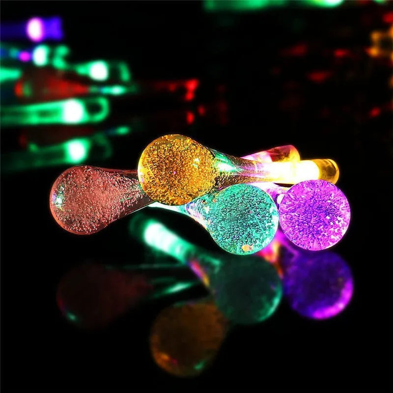 6.5 metre solar LED outdoor string lights with waterproof bubble drop pendants on 30 bulbs