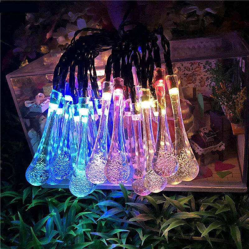 6.5 metre solar LED outdoor string lights with waterproof bubble drop pendants on 30 bulbs