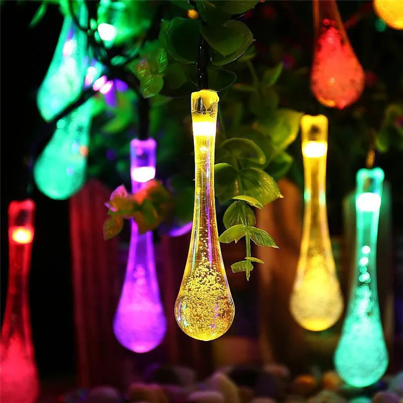 6.5 metre solar LED outdoor string lights with waterproof bubble drop pendants on 30 bulbs