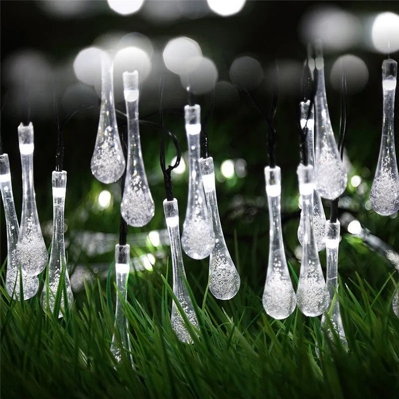 6.5 metre solar LED outdoor string lights with waterproof bubble drop pendants on 30 bulbs