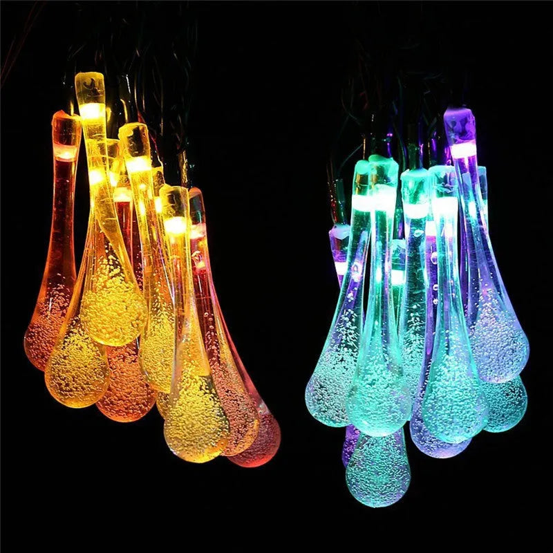 6.5 metre solar LED outdoor string lights with waterproof bubble drop pendants on 30 bulbs