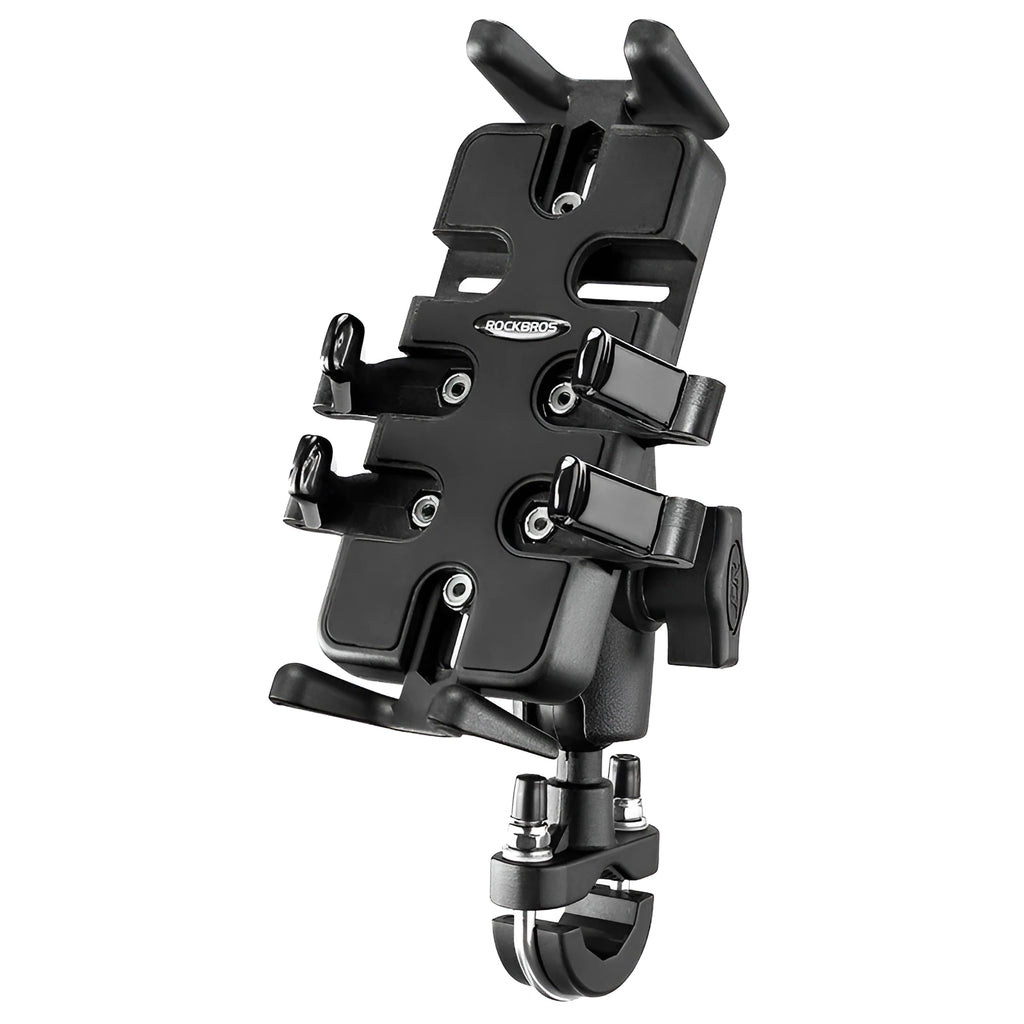 Black nylon phone mount with U-shaped clamp for motorcycle and bicycle handlebars.