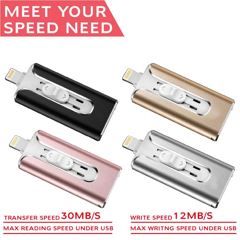 Metal USB flash drive with both USB Type-A and Lightning connectors for iPhone and computer connectivity