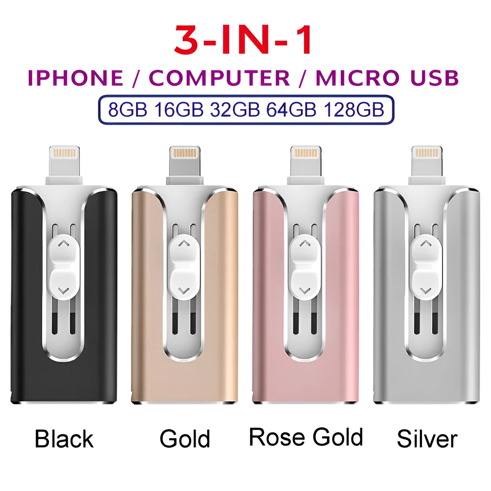 Metal USB flash drive with both USB Type-A and Lightning connectors for iPhone and computer connectivity