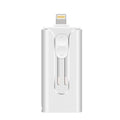 Metal USB flash drive with both USB Type-A and Lightning connectors for iPhone and computer connectivity