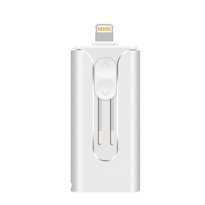 Metal USB flash drive with both USB Type-A and Lightning connectors for iPhone and computer connectivity