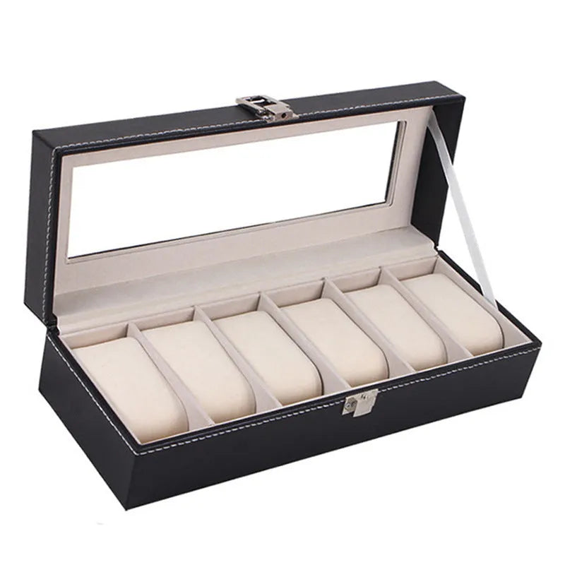 Black wooden watch storage box with 6-digit display window, dimensions 30x11x8cm