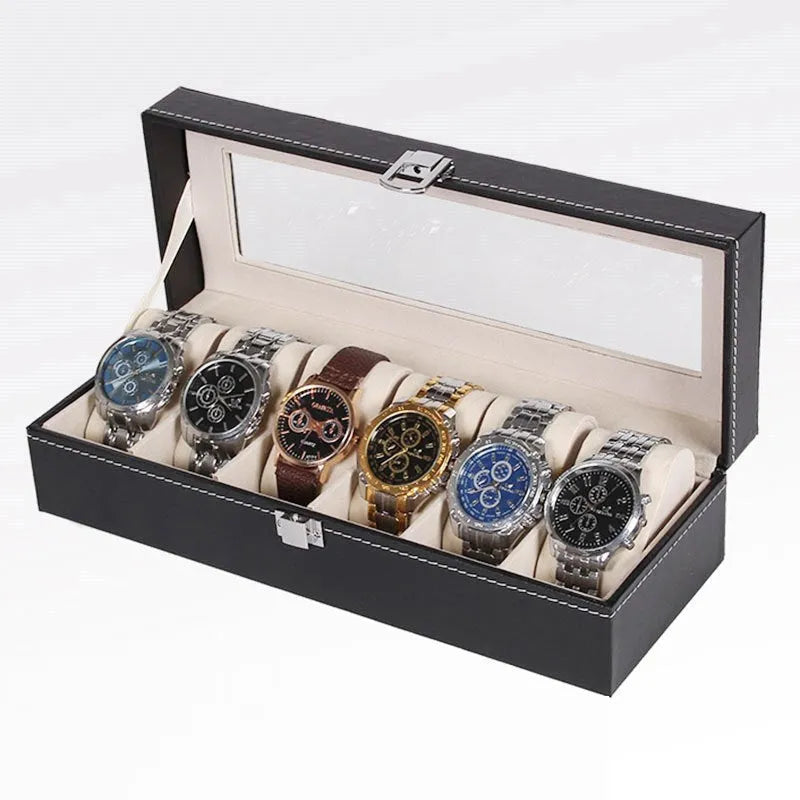 Black wooden watch storage box with 6-digit display window, dimensions 30x11x8cm