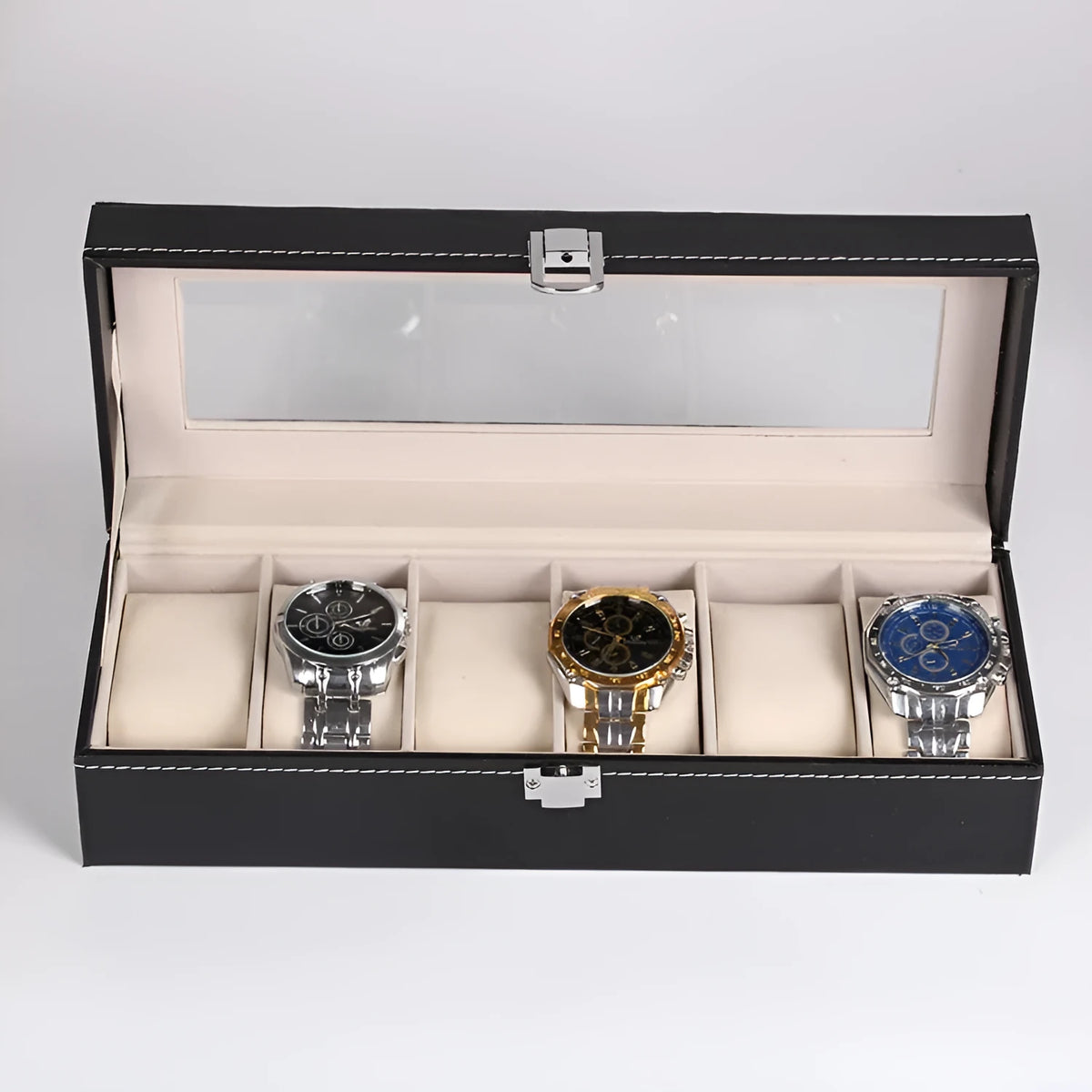 Black wooden watch storage box with 6-digit display window, dimensions 30x11x8cm