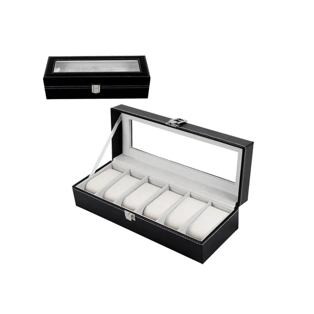 Black wooden watch storage box with 6-digit display window, dimensions 30x11x8cm