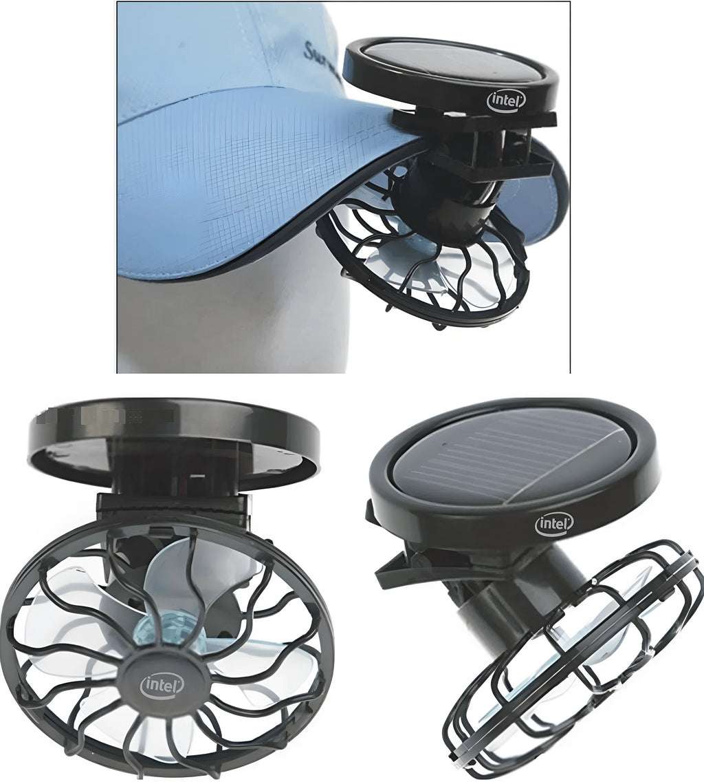 Black solar-powered clip-on fan with integrated solar panel for outdoor camping and fishing cooling