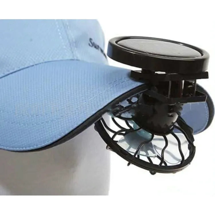 Black solar-powered clip-on fan with integrated solar panel for outdoor camping and fishing cooling