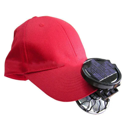 Black solar-powered clip-on fan with integrated solar panel for outdoor camping and fishing cooling