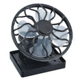 Black solar-powered clip-on fan with integrated solar panel for outdoor camping and fishing cooling