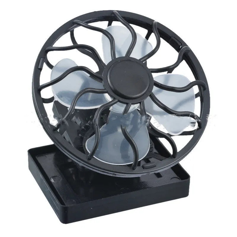 Black solar-powered clip-on fan with integrated solar panel for outdoor camping and fishing cooling