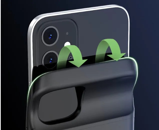 Black ultra-thin TPU wireless back clip battery pack for iPhone 12 showing clip and USB port.