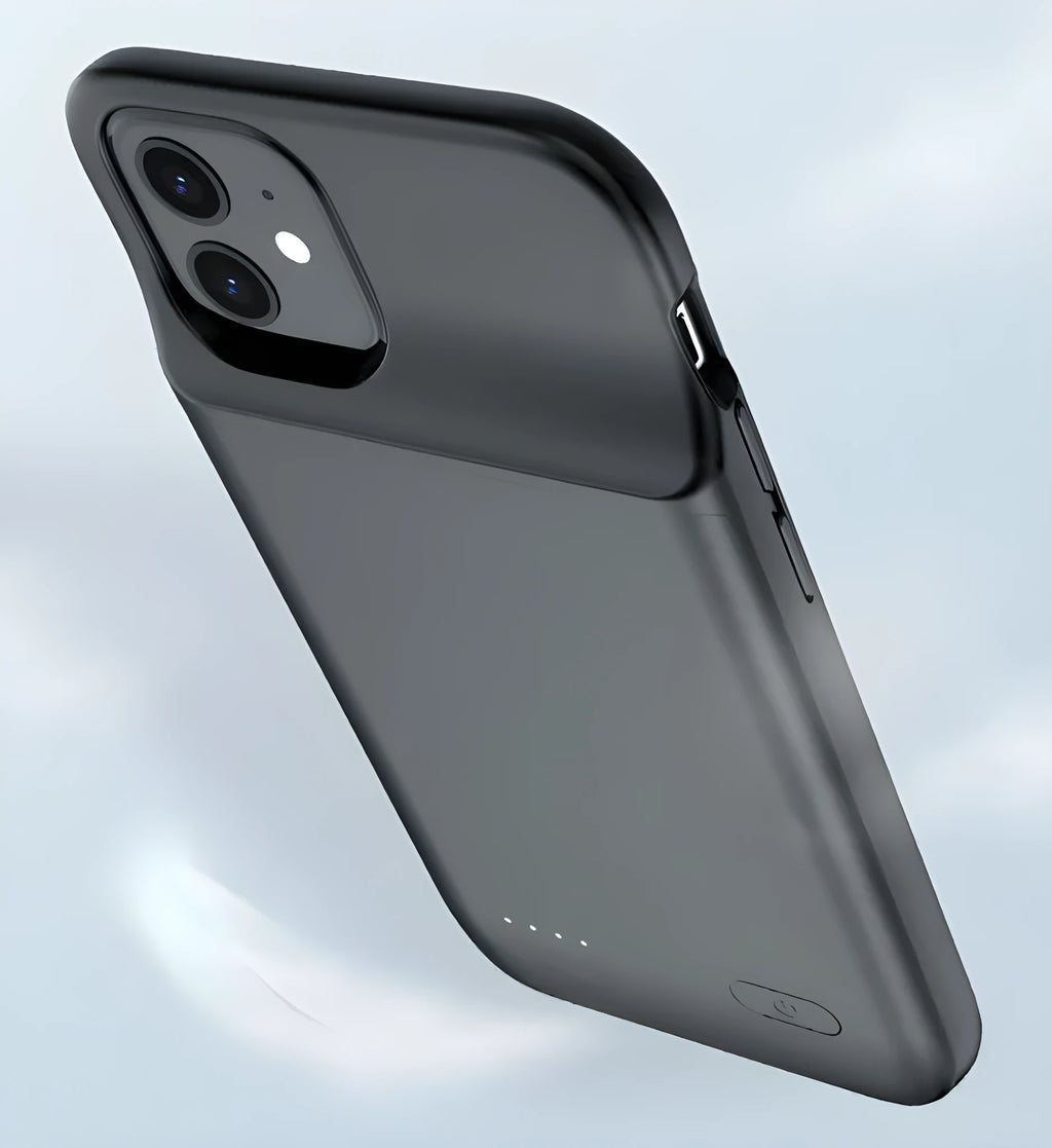 Black ultra-thin TPU wireless back clip battery pack for iPhone 12 showing clip and USB port.