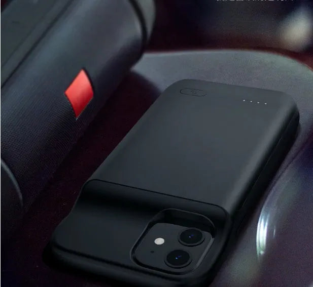 Black ultra-thin TPU wireless back clip battery pack for iPhone 12 showing clip and USB port.