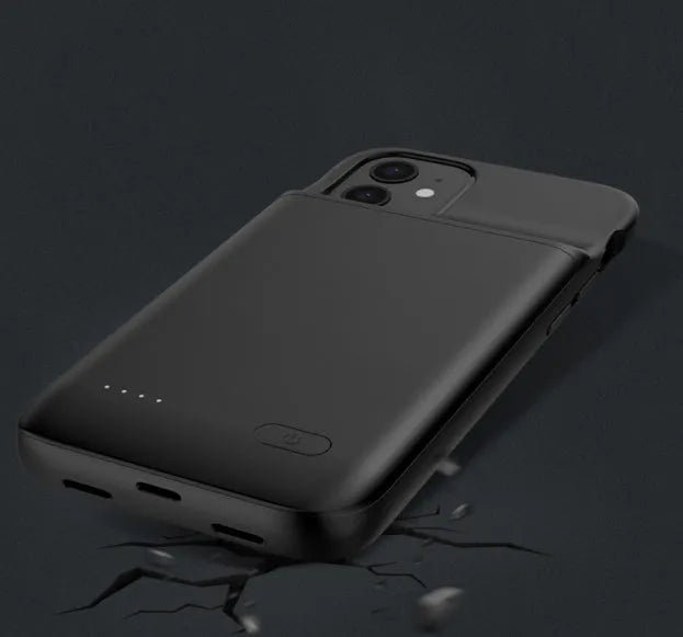 Black ultra-thin TPU wireless back clip battery pack for iPhone 12 showing clip and USB port.