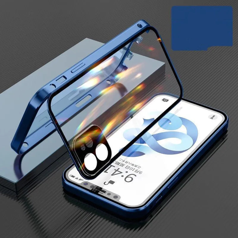 iPhone bumper case with aluminium metal frame and clear tempered glass screen protector.