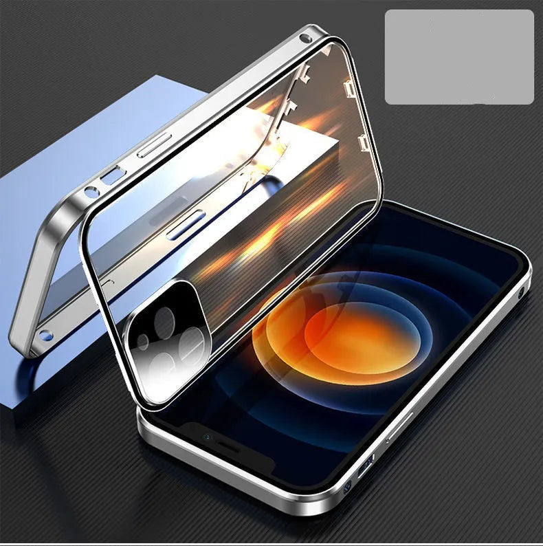 iPhone bumper case with aluminium metal frame and clear tempered glass screen protector.