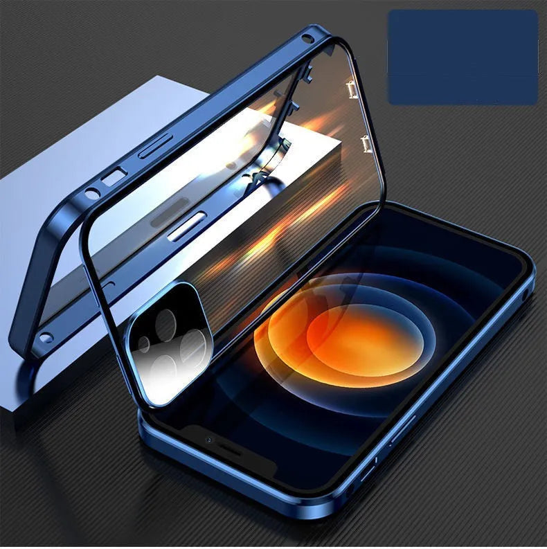 iPhone bumper case with aluminium metal frame and clear tempered glass screen protector.