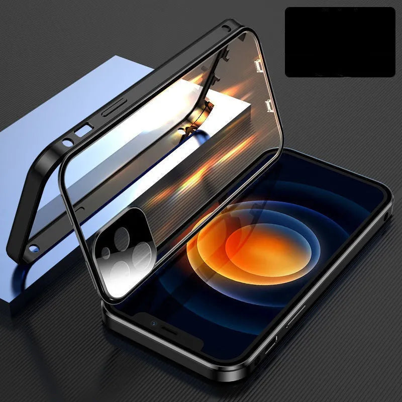 iPhone bumper case with aluminium metal frame and clear tempered glass screen protector.