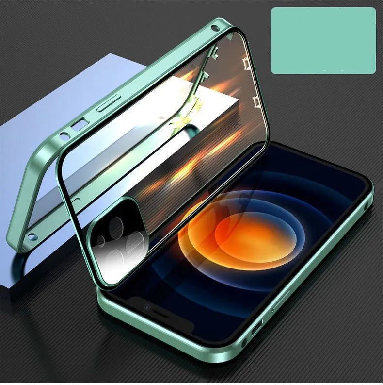 iPhone bumper case with aluminium metal frame and clear tempered glass screen protector.