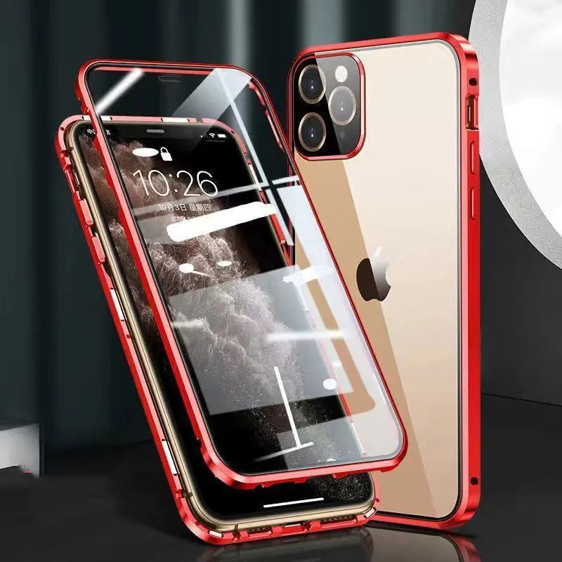 iPhone bumper case with aluminium metal frame and clear tempered glass screen protector.
