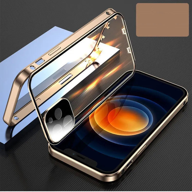 iPhone bumper case with aluminium metal frame and clear tempered glass screen protector.