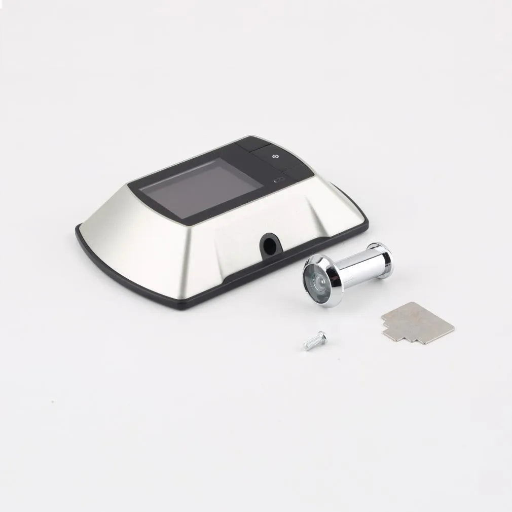 LCD digital door peephole monitor and outdoor camera unit for wireless home security viewing.