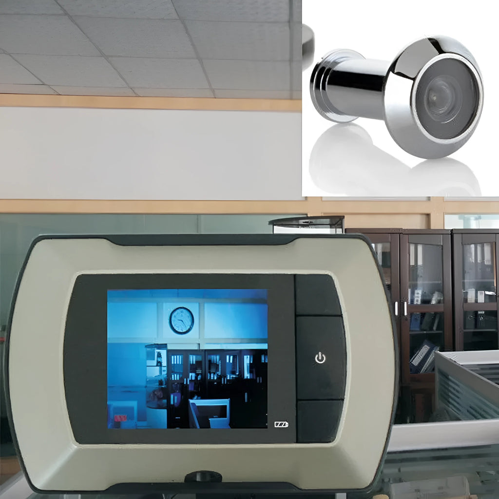 LCD digital door peephole monitor and outdoor camera unit for wireless home security viewing.